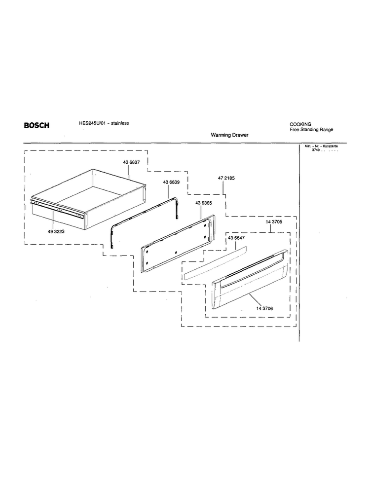 Warming Drawer Diagram and Parts List for HES245U 01 Bosch Range