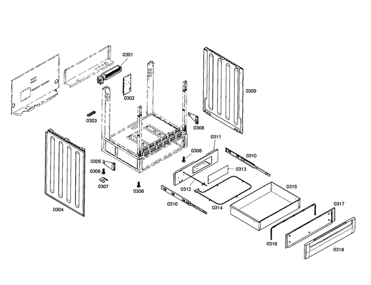 Side Panels/drawer Diagram and Parts List for HEI7152U 01 Bosch Range