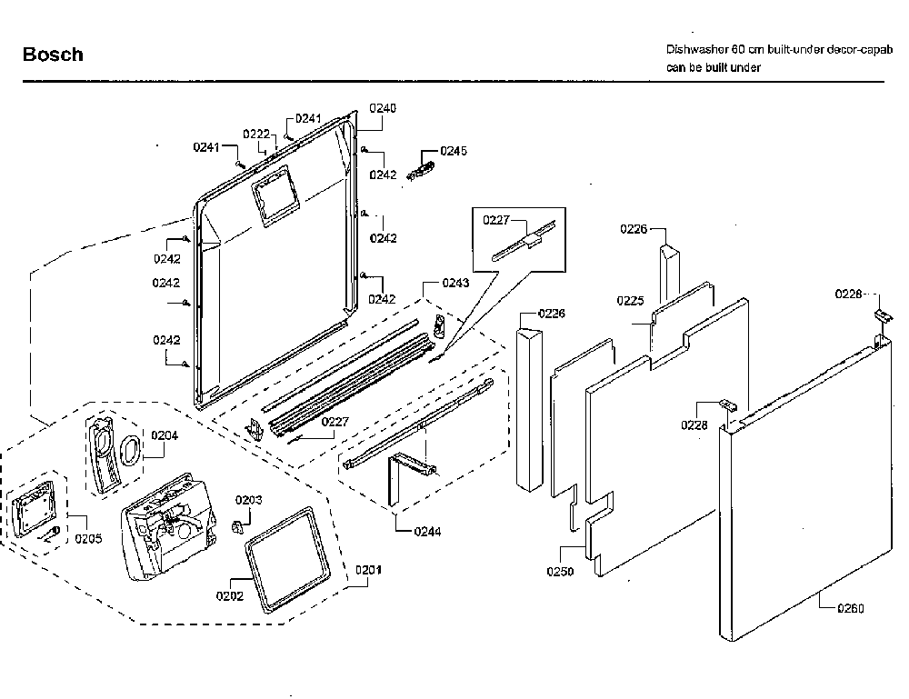 Door Diagram and Parts List for SHE89PW55N 01 Bosch Dishwasher