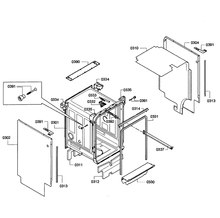 Cabinet Diagram and Parts List for SPX5ES55UC 04 Bosch Dishwasher