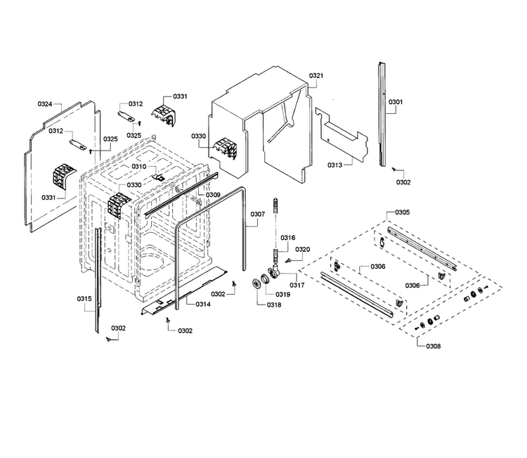 Cavity & Frame Diagram and Parts List for SHE55RF5UC 68 Bosch Dishwasher