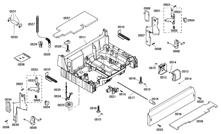 Base Assy Diagram and Parts List for SHE45M02UC 46 Bosch Dishwasher