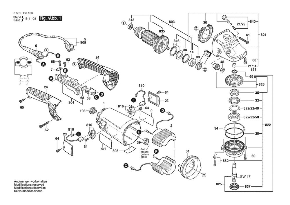 Section 1 Diagram and Parts List for GWS16-180H 3601H561F0 Bosch Angle Grinder