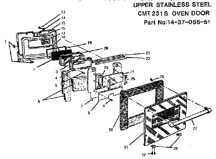 Oven Door, Upper Diagram and Parts List for CMT231S  Thermador Microwave