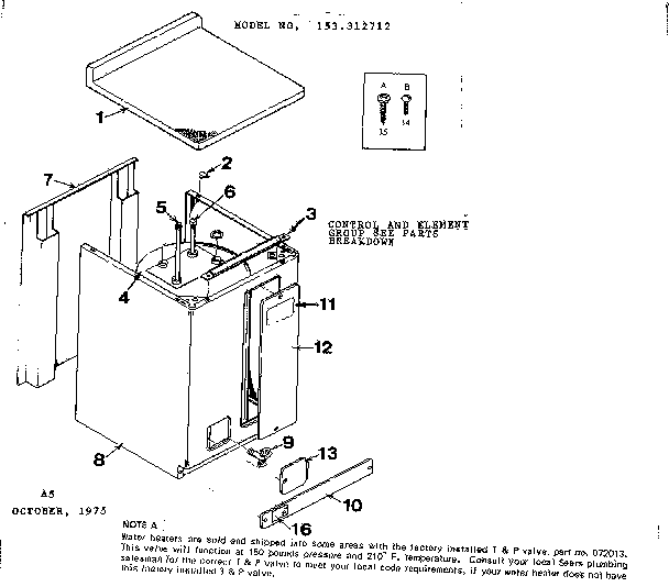 Non-functional Replacement Parts Diagram and Parts List for 153312712  Kenmore Water Heater