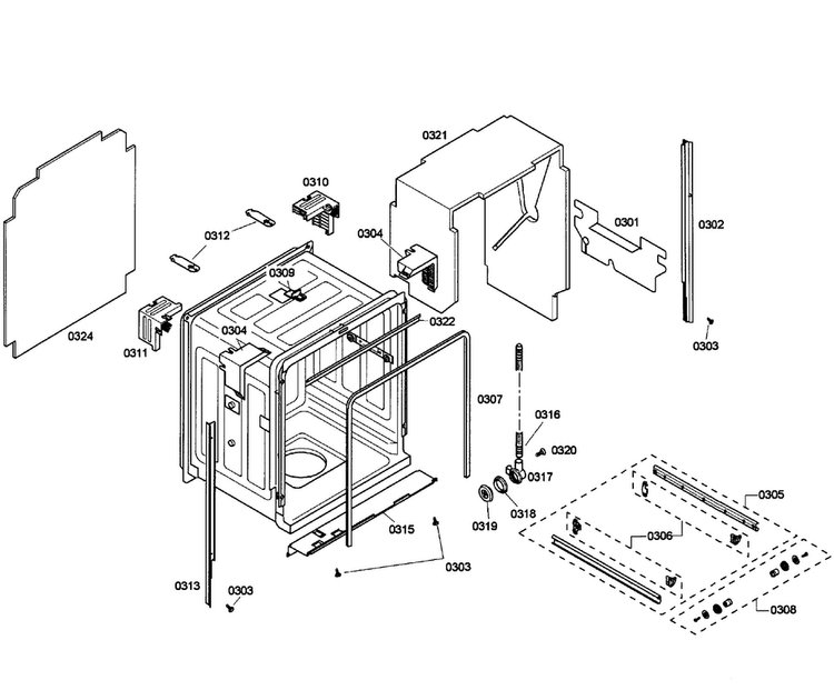 Cabinet Diagram and Parts List for SHE55P05UC 58 Bosch Dishwasher