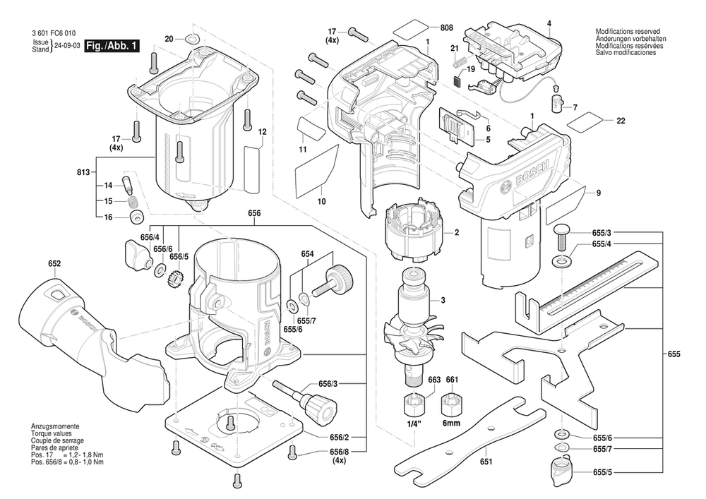 Section 1 Diagram and Parts List for 3601FC6010  Bosch Router