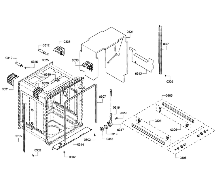 Cabinet Diagram and Parts List for SHV55R53UC 64 Bosch Dishwasher