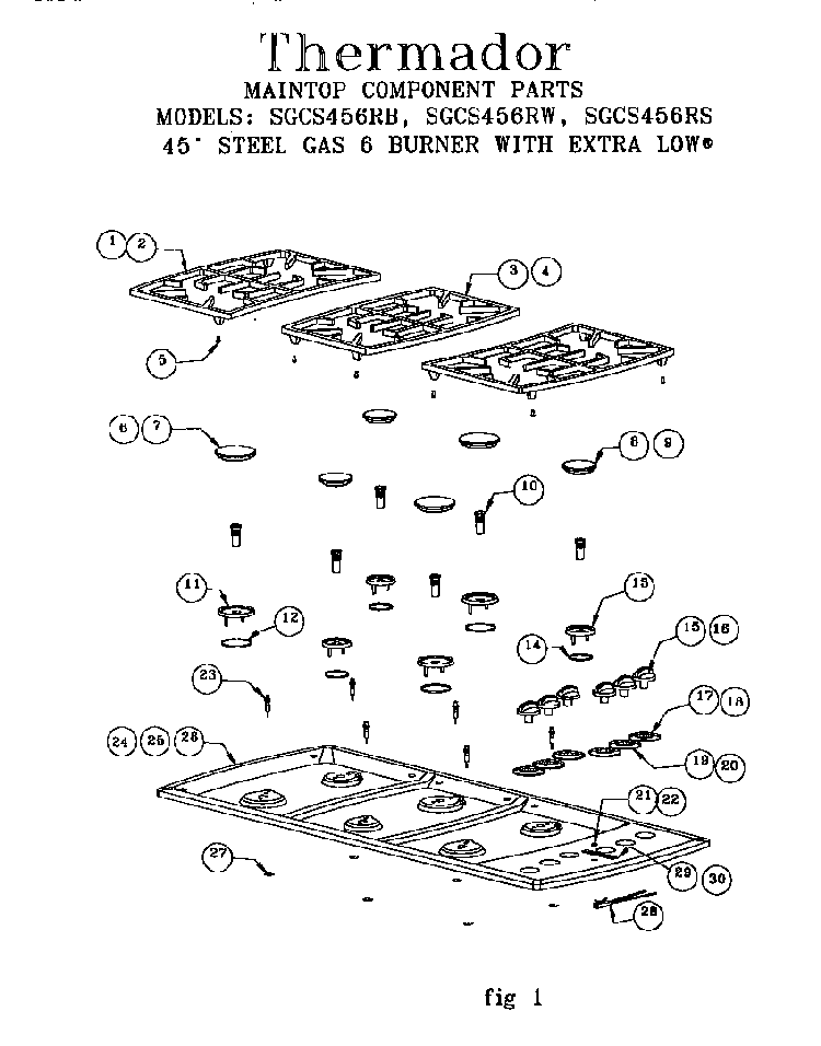 Maintop Diagram and Parts List for SGCS456RS  Thermador Cooktop