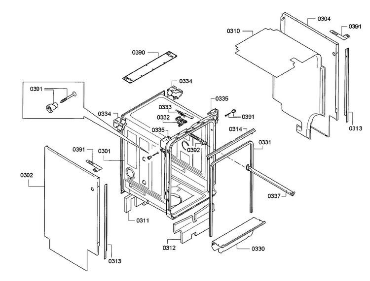 Cavity & Frame Diagram and Parts List for SPE5ES55UC 19 Bosch Dishwasher