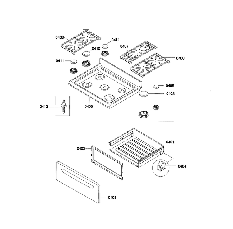 Cooktop & Drawer Diagram and Parts List for HGS3023UC 05 Bosch Range
