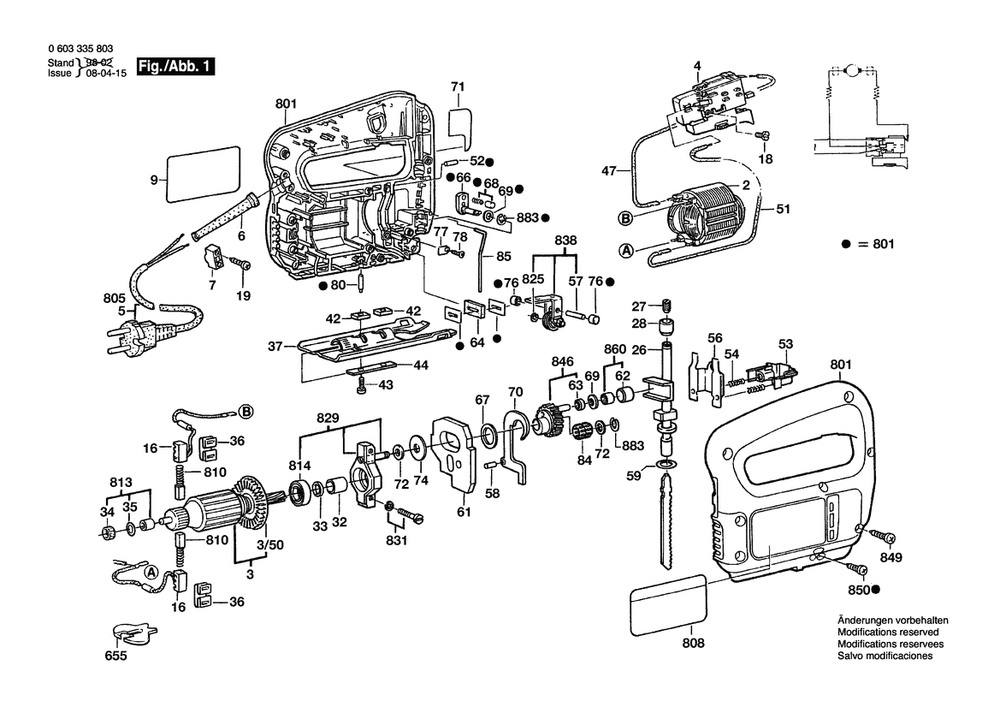 Section 1 Diagram and Parts List for PST65PE 0603335815 Bosch Jig Saw