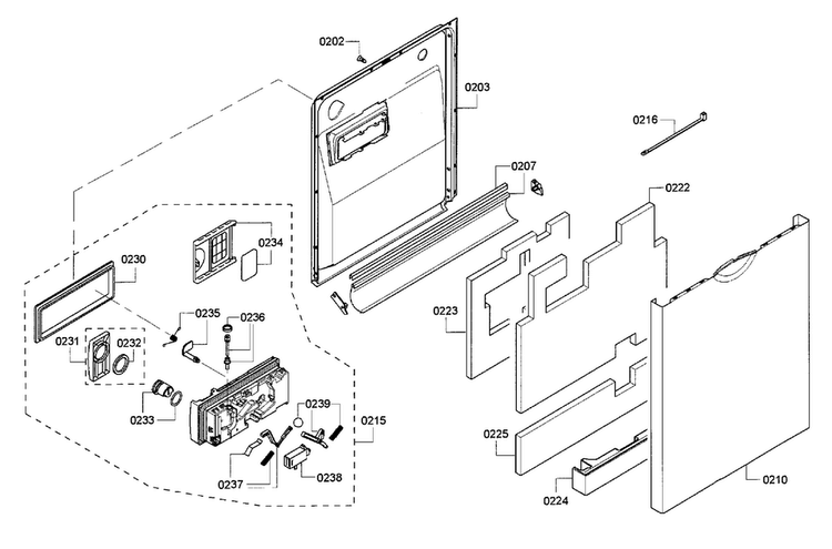 Door Assy Diagram and Parts List for SHE55RF5UC 63 Bosch Dishwasher