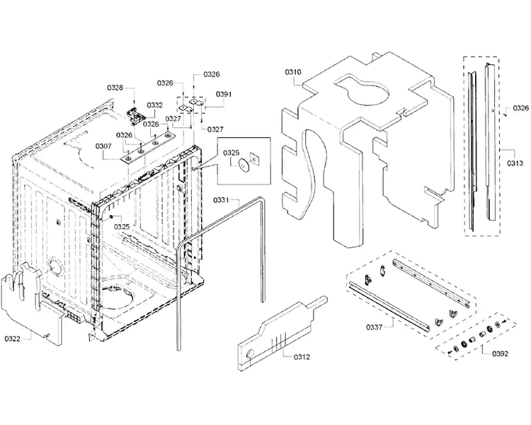 Cabinet Section Diagram and Parts List for SHX5AV52UC 22 Bosch Dishwasher