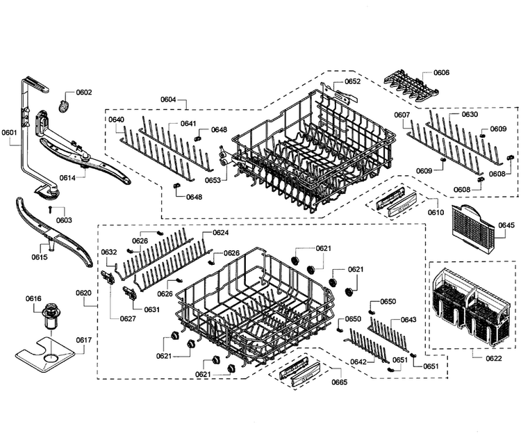 Baskets Diagram and Parts List for SHE55M12UC 60 Bosch Dishwasher