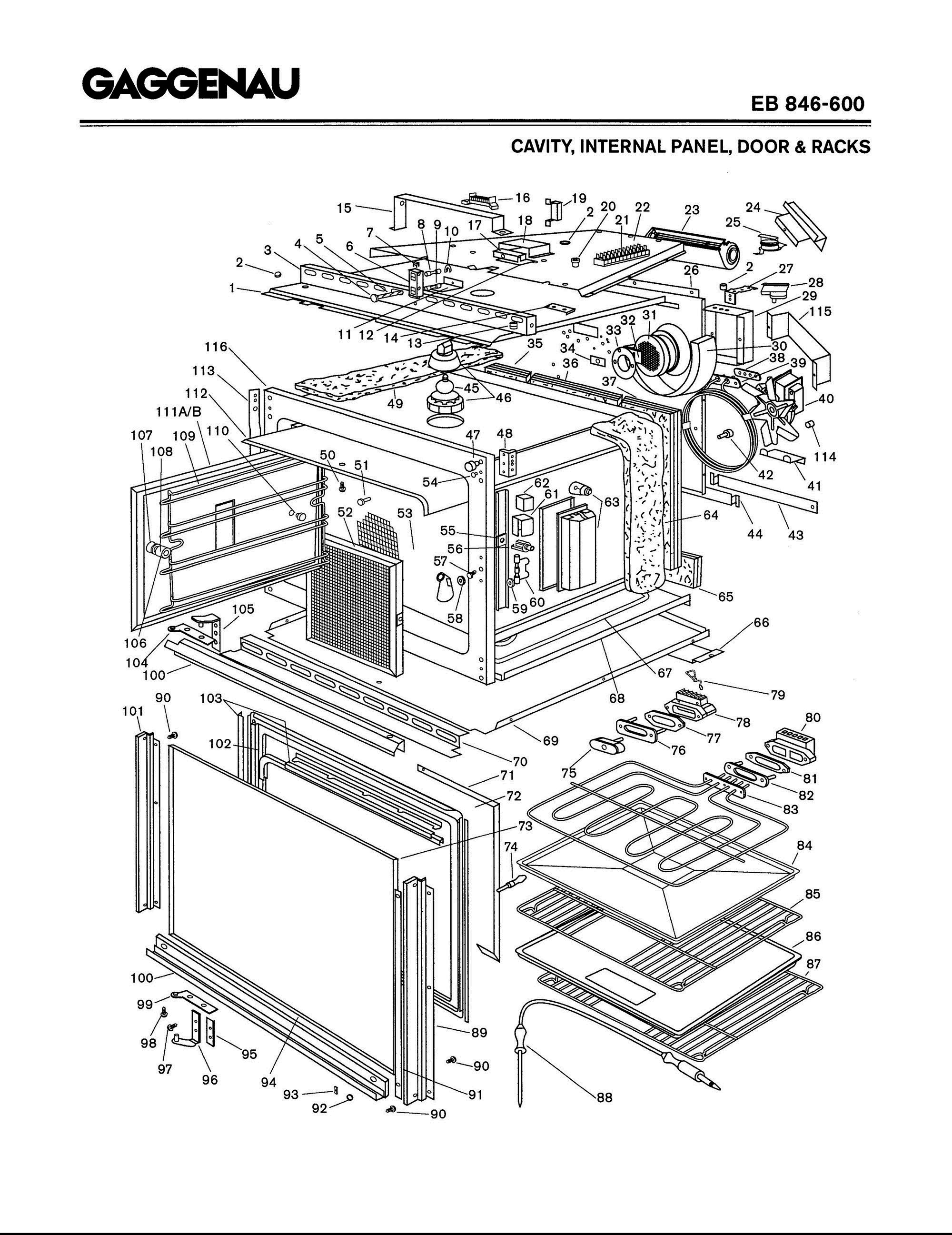 02 - CAVITY, INTERNAL PANEL, DOOR & RACKS Diagram and Parts List for EB846-600  Bosch Range
