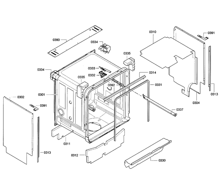 Cabinet Diagram and Parts List for SGE63E05UC 28 Bosch Dishwasher