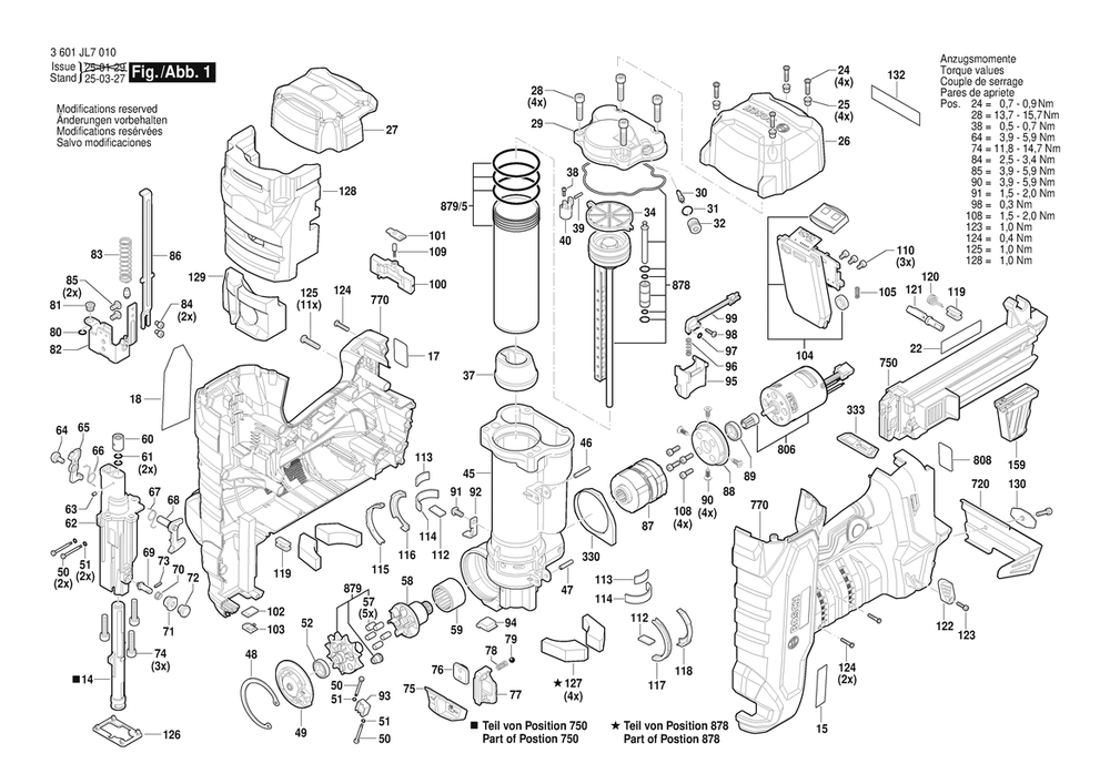 Figure 1 Diagram and Parts List for 3601JL7010 GNB18V-12 Bosch Nailer