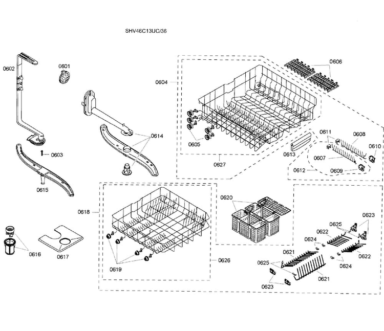 Baskets Assy Diagram and Parts List for SHV46C13UC 36 Bosch Dishwasher