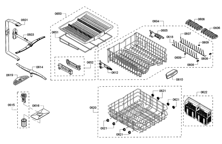 Rack Diagram and Parts List for SHP65TL5UC 01 Bosch Dishwasher