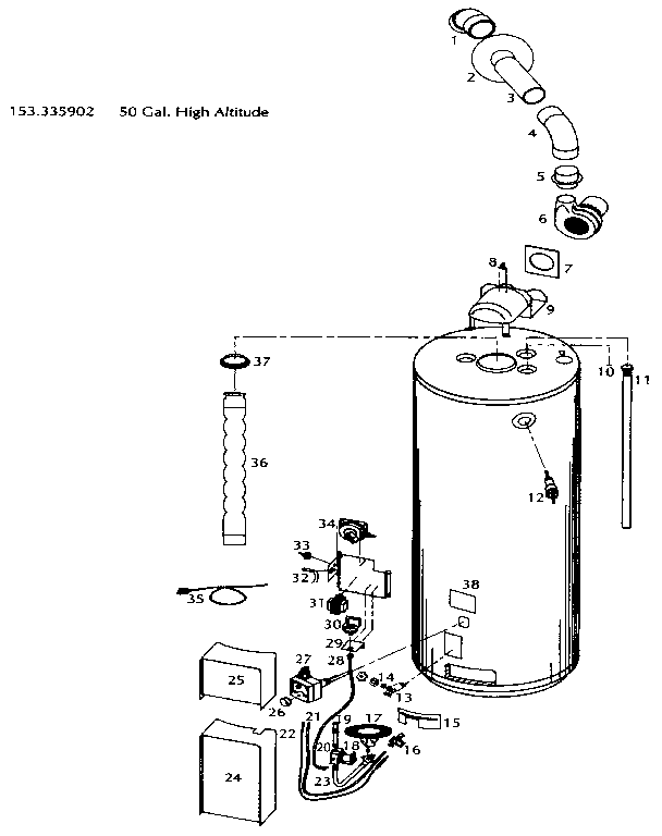 Replacement Parts Diagram and Parts List for 153335902  Kenmore Water Heater