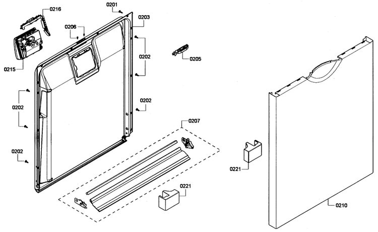 Door Assy Diagram and Parts List for SHE4AP05UC 03 Bosch Dishwasher