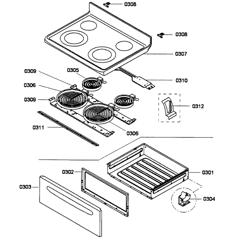 Top/drawer Diagram and Parts List for HES3023U 01 Bosch Range