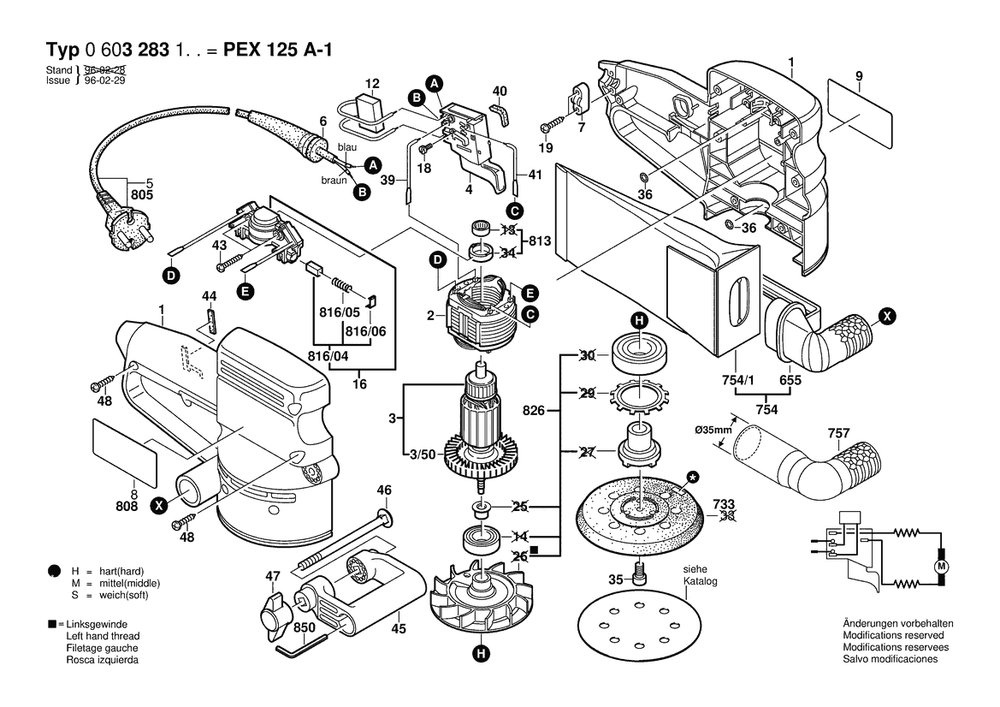 Section 1 Diagram and Parts List for PEX125A-1 0603283150 Bosch Orbital or Palm Sander