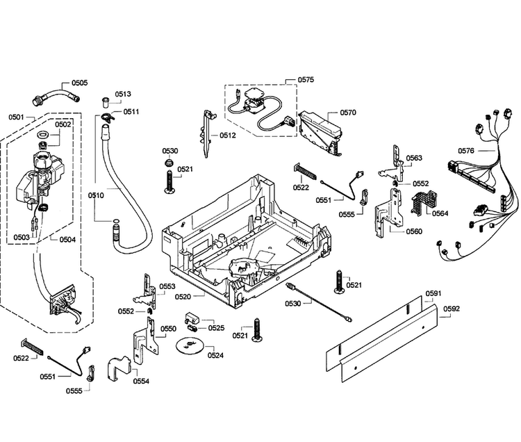 Base Assy Diagram and Parts List for SGE63E06UC 52 Bosch Dishwasher