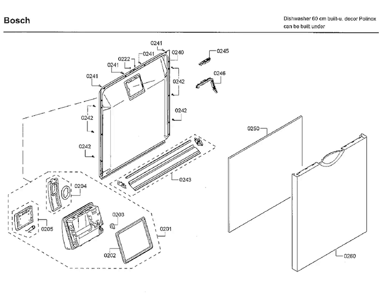 Door Diagram and Parts List for SHE3ARF6UC 22 Bosch Dishwasher