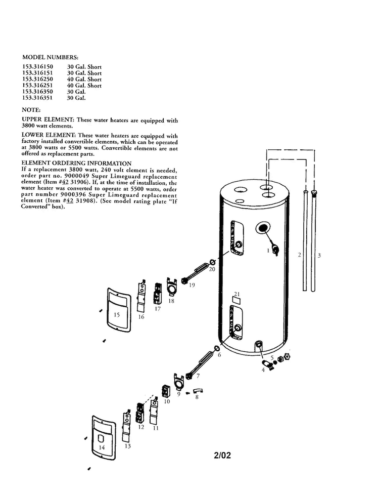 Water Heater Diagram and Parts List for 153316151  Kenmore Water Heater