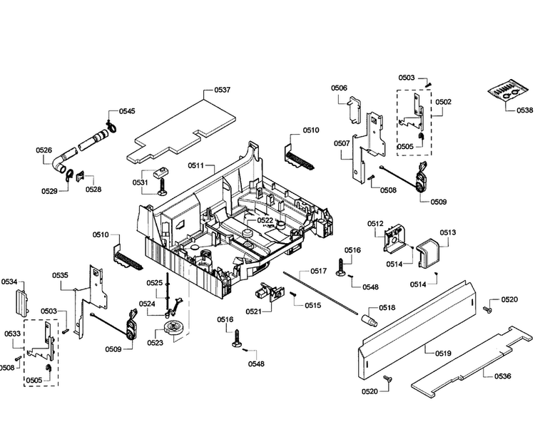 Base Assy Diagram and Parts List for SHE43P16UC 60 Bosch Dishwasher