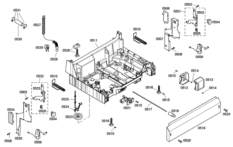 Base Assy Diagram and Parts List for SHE42L12UC 36 Bosch Dishwasher