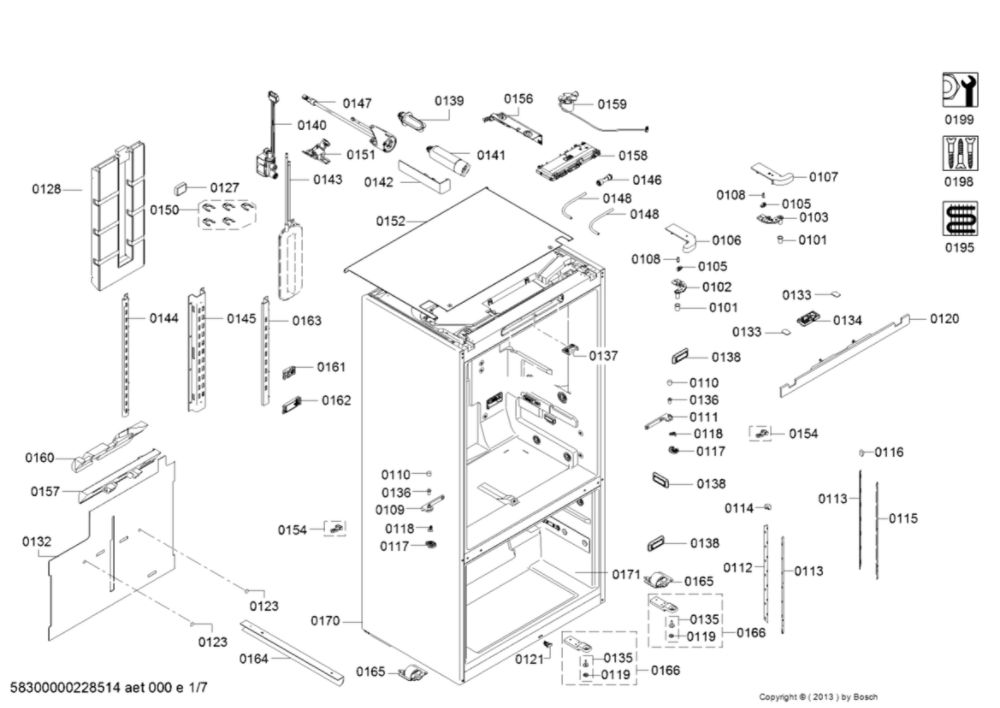 Cabinet Parts Diagram and Parts List for B36CD50SNS 01 Bosch Refrigerator