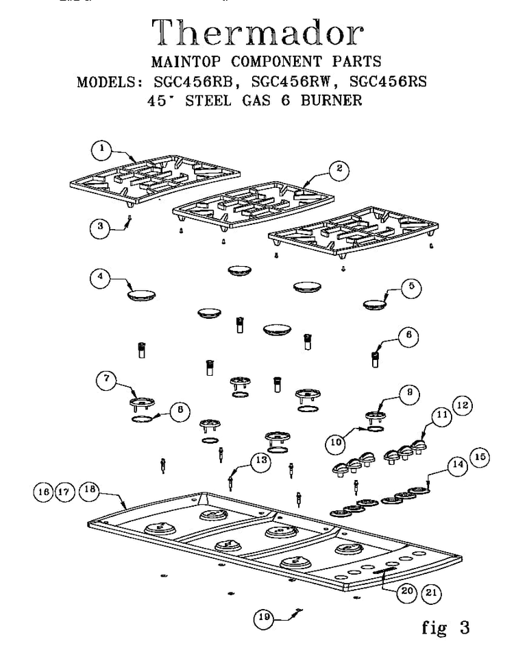 Maintop Components Diagram and Parts List for SGCS456RS  Thermador Cooktop