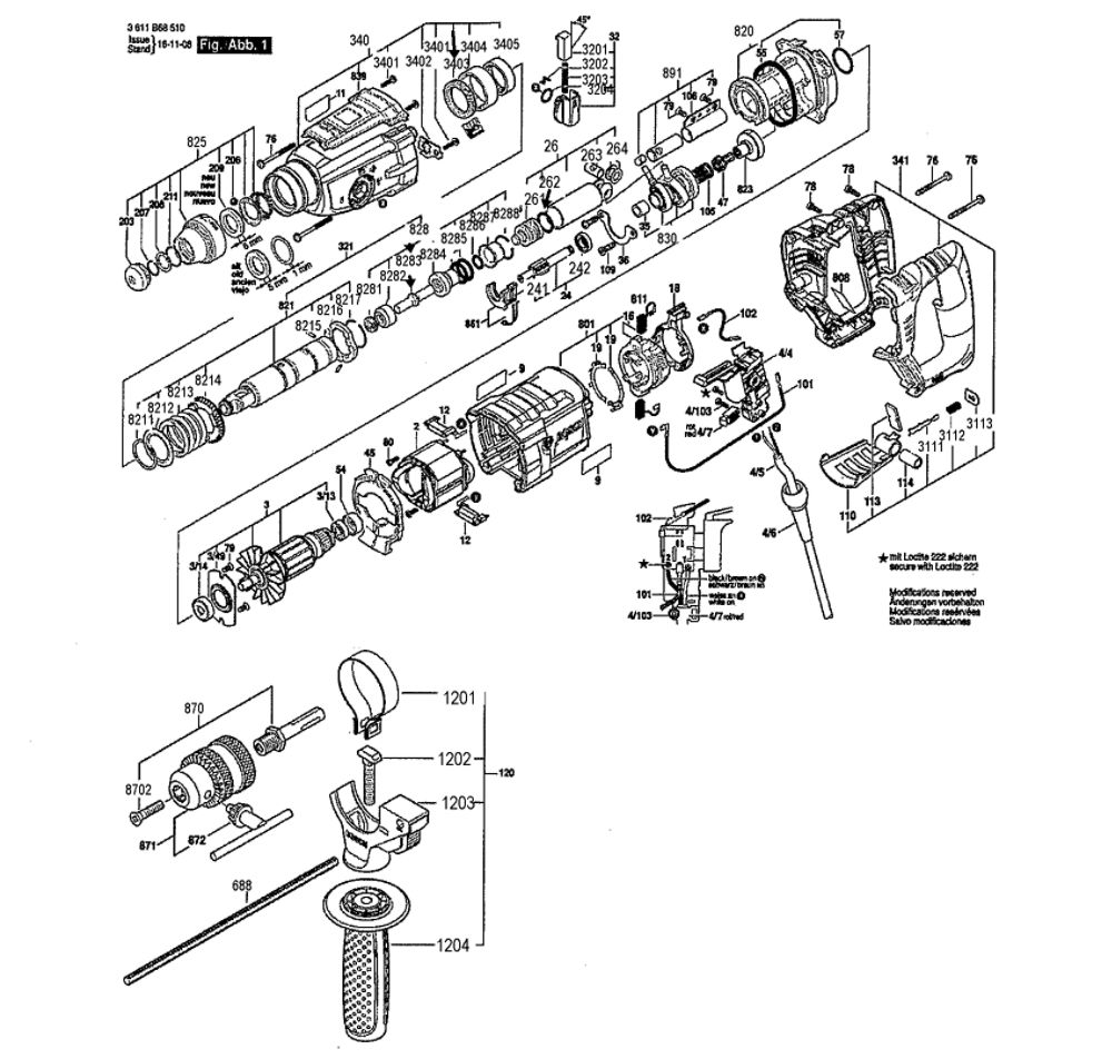 Hammer Drill Diagram and Parts List for GBH2-28L  Bosch Hammer