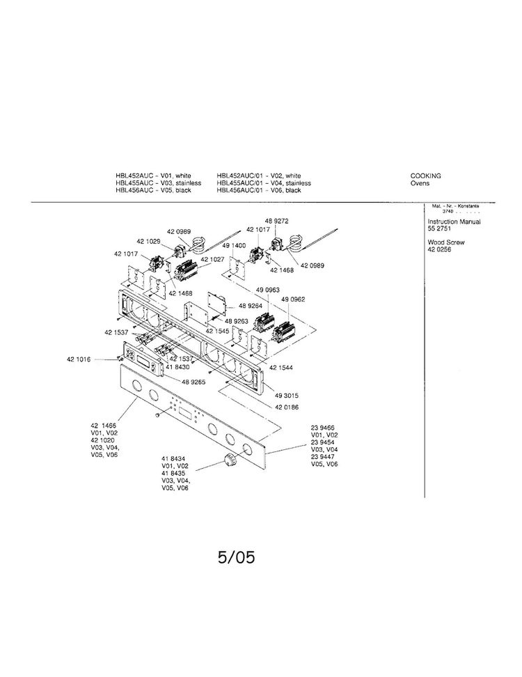 Fascia Panel Diagram and Parts List for HBL455AUC 01 Bosch Wall Oven