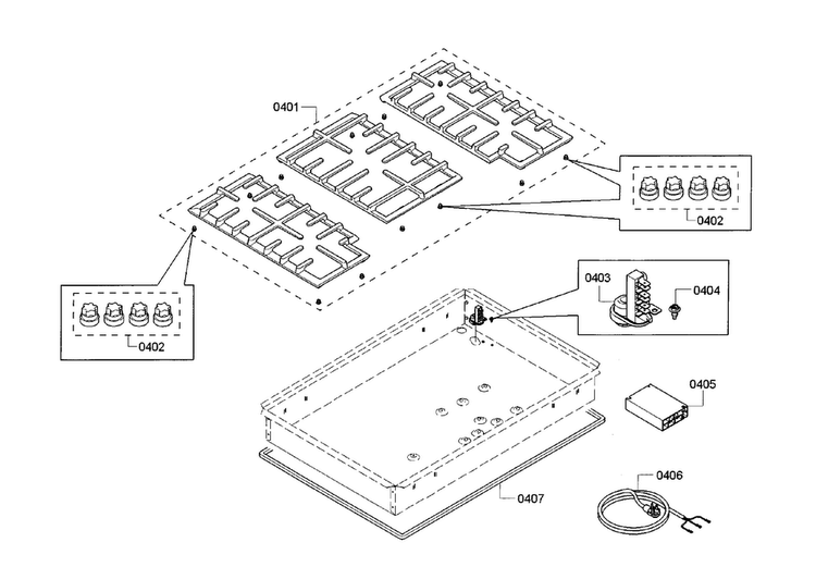 Grate Assy Diagram and Parts List for NGMP055UC 01 Bosch Cooktop