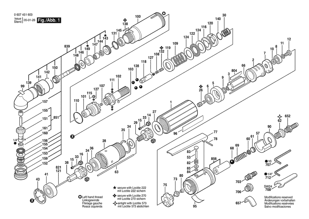 Section 1 Diagram and Parts List for 370WDWAS28-360 0607451603 Bosch Screwdriver