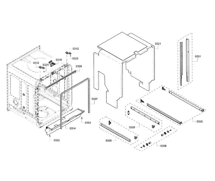 Cabinet Diagram and Parts List for SHE68T55UC 02 Bosch Dishwasher