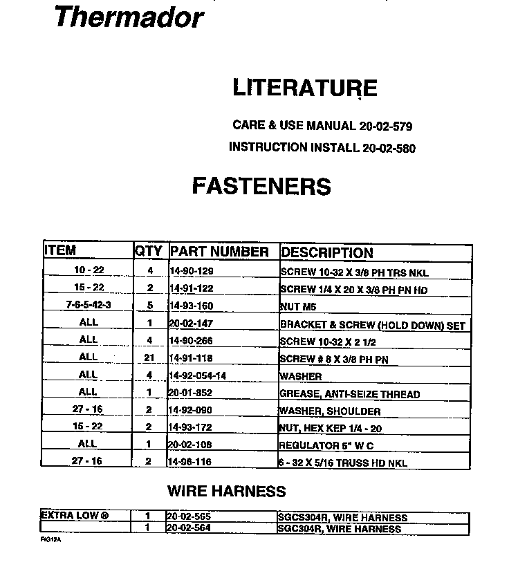 Fasteners Diagram and Parts List for SGCS304RS  Thermador Cooktop