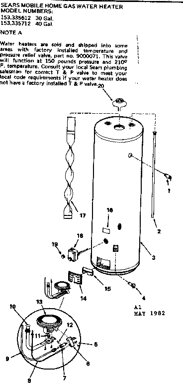Replacement Parts Diagram and Parts List for 153335613  Kenmore Water Heater