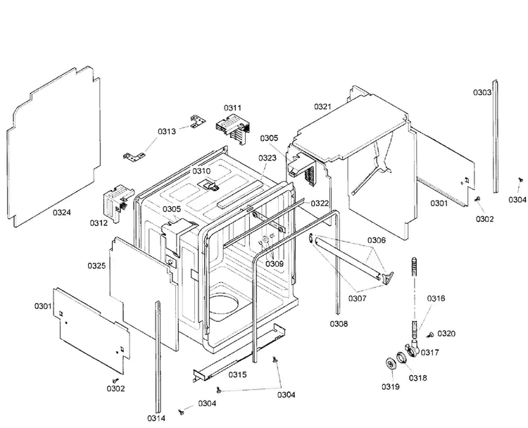 Cabinet Diagram and Parts List for SHX57C05UC 36 Bosch Dishwasher