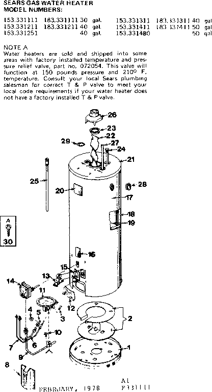 Replacement Parts Diagram and Parts List for 153331211  Kenmore Water Heater