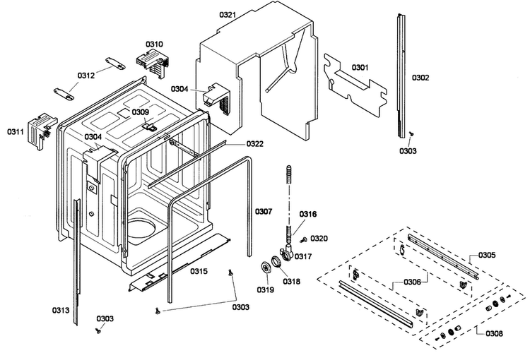 Cabinet Diagram and Parts List for SHE43F16UC 56 Bosch Dishwasher