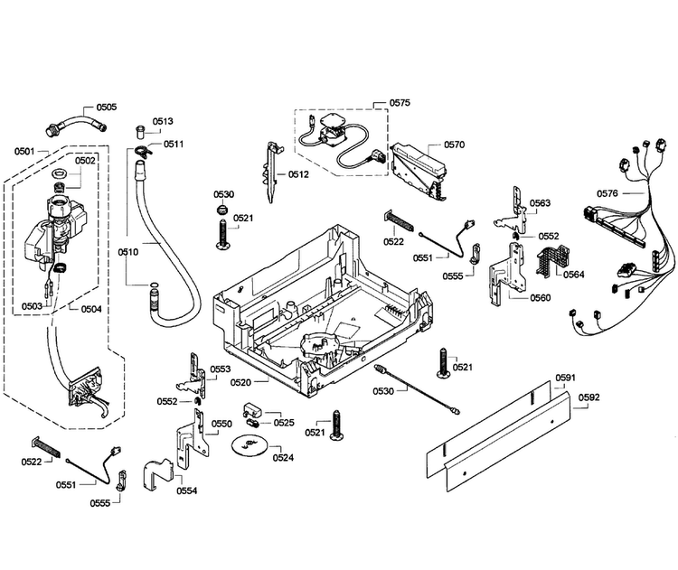 Base Assy Diagram and Parts List for SGE63E06UC 48 Bosch Dishwasher
