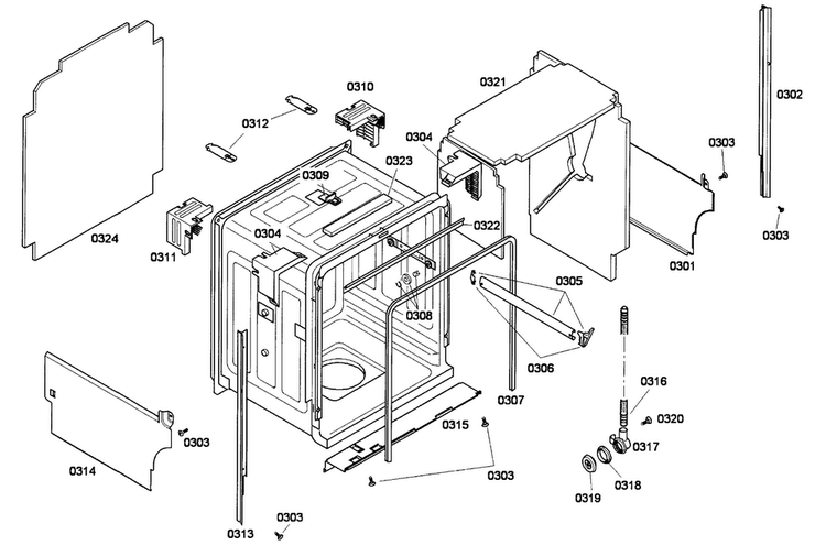 Cabinet Diagram and Parts List for SHE45C02UC 48 Bosch Dishwasher