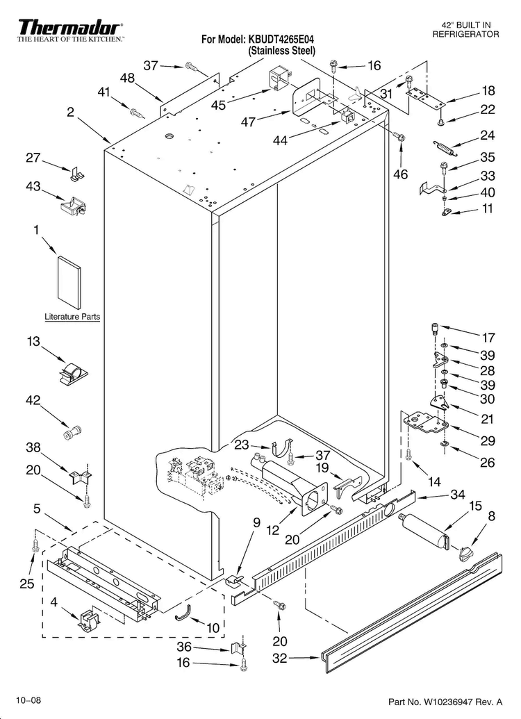 Cabinet Parts Diagram and Parts List for KBUDT4265E 04 Thermador Refrigerator