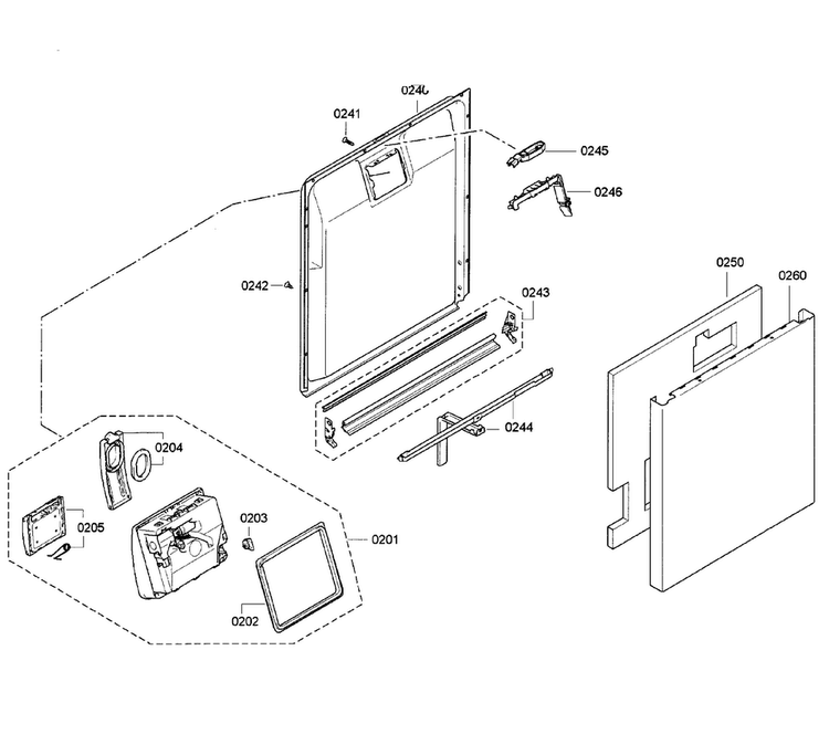 Door Assy Diagram and Parts List for SGE63E05UC 32 Bosch Dishwasher