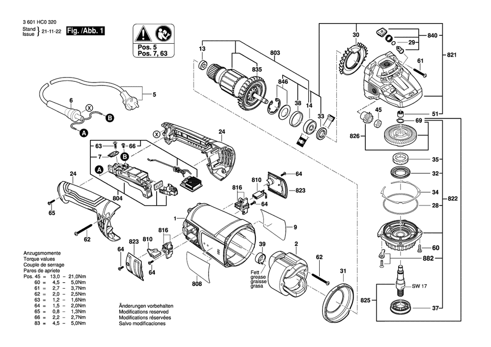 Diagram 1 Diagram and Parts List for GWS2200 3 601 HC0 320 Bosch Angle Grinder